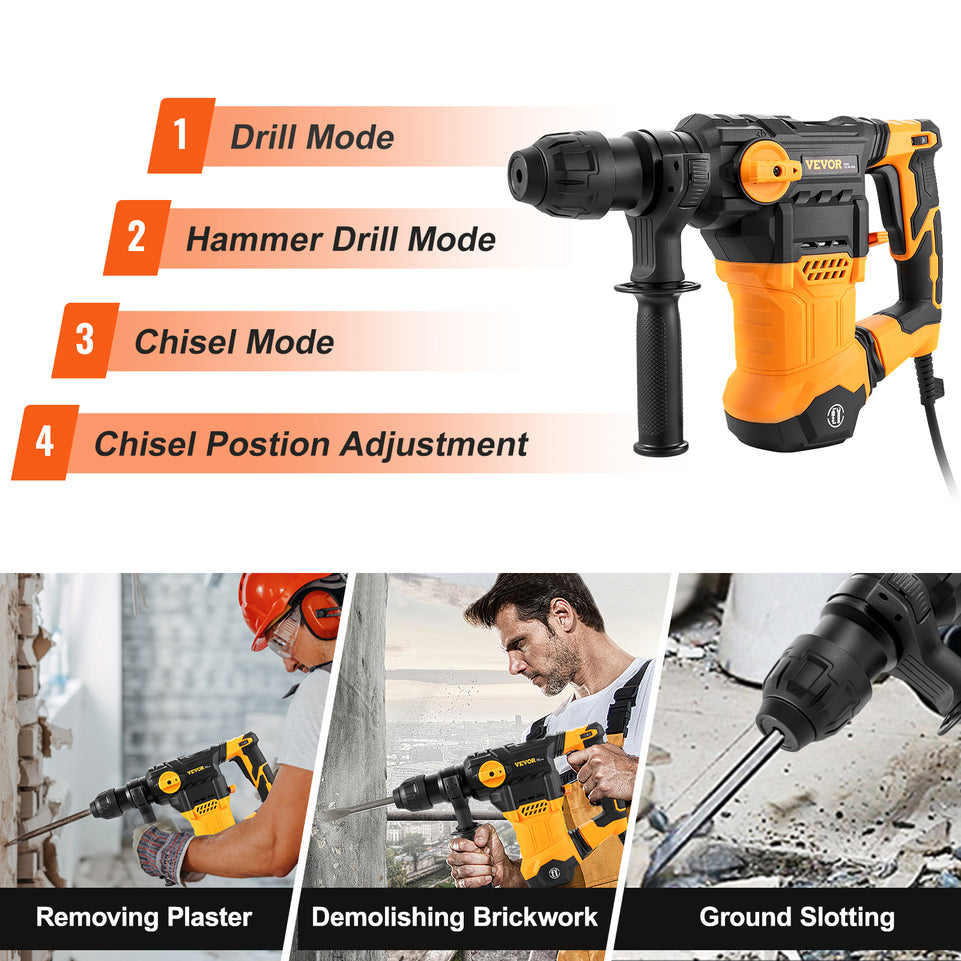 VEVOR 1500W Rotary Hammer Drill Max Drilling 32mm 4 Modes SDS-Plus Corded Demolition Chipping Metal Concrete Breaker Jackhammer
