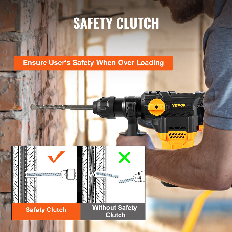 VEVOR 1500W Rotary Hammer Drill Max Drilling 32mm 4 Modes SDS-Plus Corded Demolition Chipping Metal Concrete Breaker Jackhammer