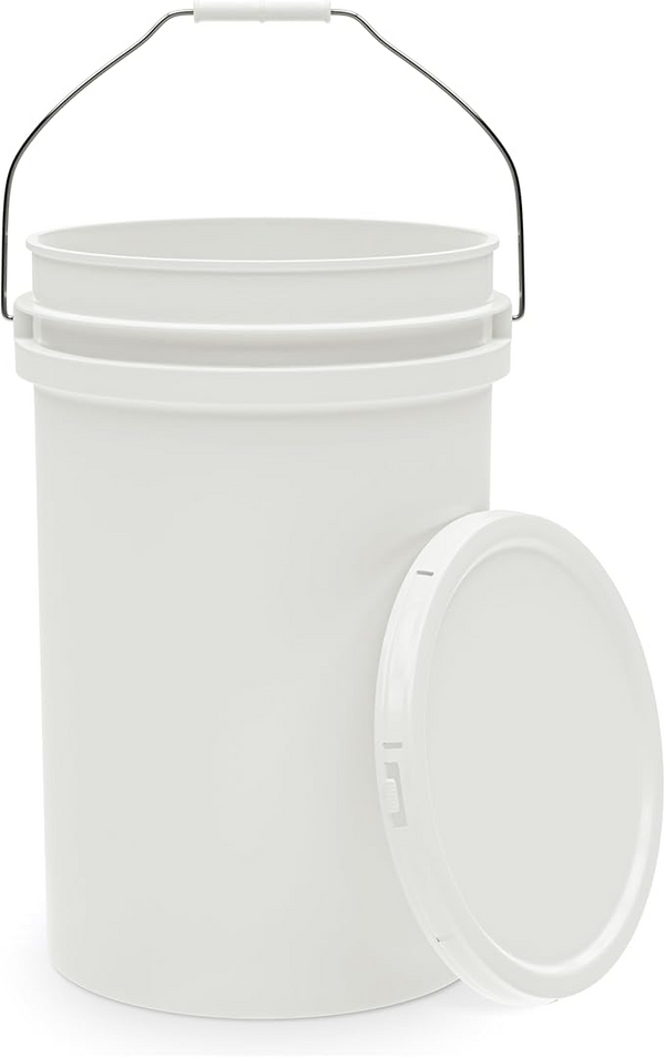 5-Gallon White Bucket Pail Container with Lid Food Grade Heavy-Duty Extra Durable Metal Handles with Plastic Grip for Easy Carrying Multi-Use Easy Stack and Store BPA Free