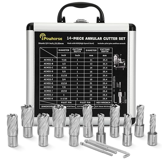 Annular Cutter Set 14 Pcs, Cutting Depth 1" Cutting Diameter 7/16" to 1-1/16" Inch, M2AL Weldon Shank Mag Drill Bits Kit for Magnetic Drill Press, with 2 Pilot Pins& 1 Hex Wrench