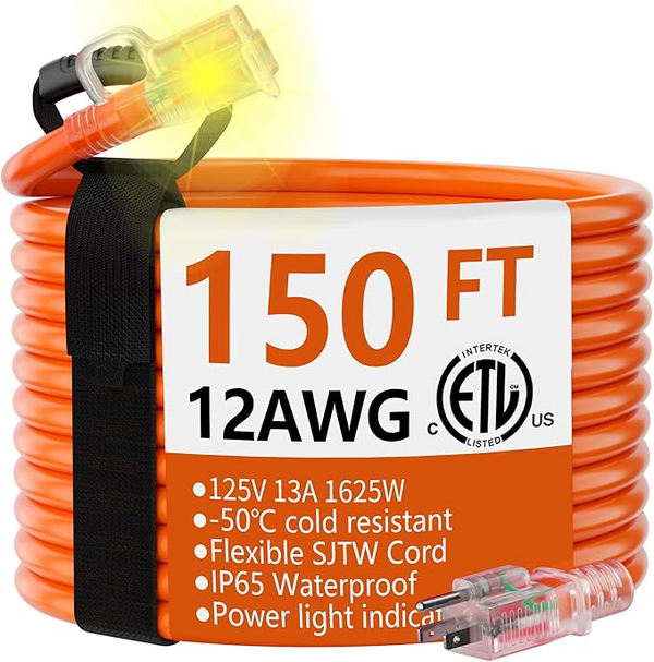 HUANCHAIN 12/3 Gauge Heavy Duty Outdoor Extension Cord 100 ft Waterproof with Lighted end, Flexible Cold-Resistant 3 Prong Electric Cord Outside, 15Amp 1875W 12AWG SJTW, Yellow, ETL