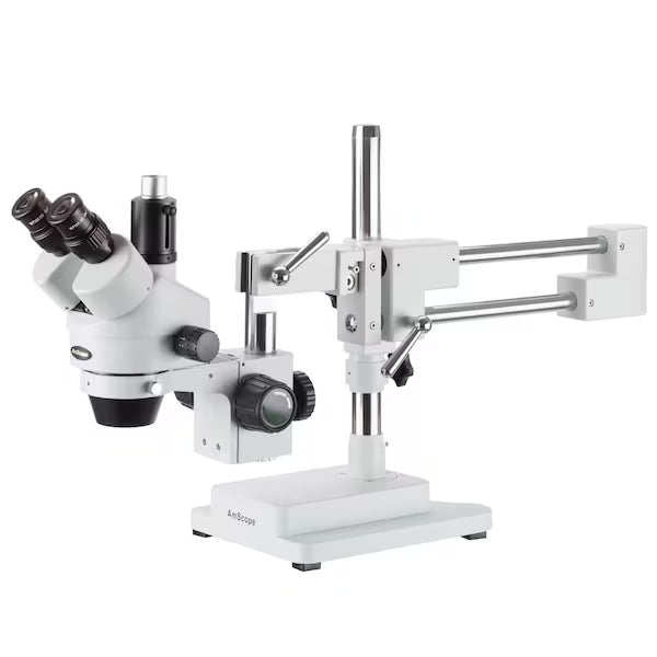 3.5X-90X Simul-Focal Trinocular Boom-Arm Stereo Microscope