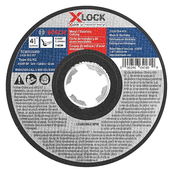 Abrasive Cut-Off Wheel, Type 1, 4 1/2 in Dia, 0.045 in Thick, 7/8 in Arbor Hole Size, 60 Grit